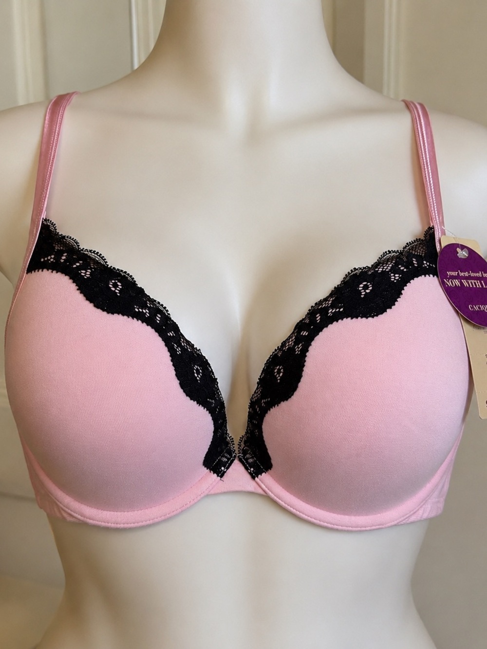 Cacique 44B Pink & Black Lace Boost Plunge Bra NWT
